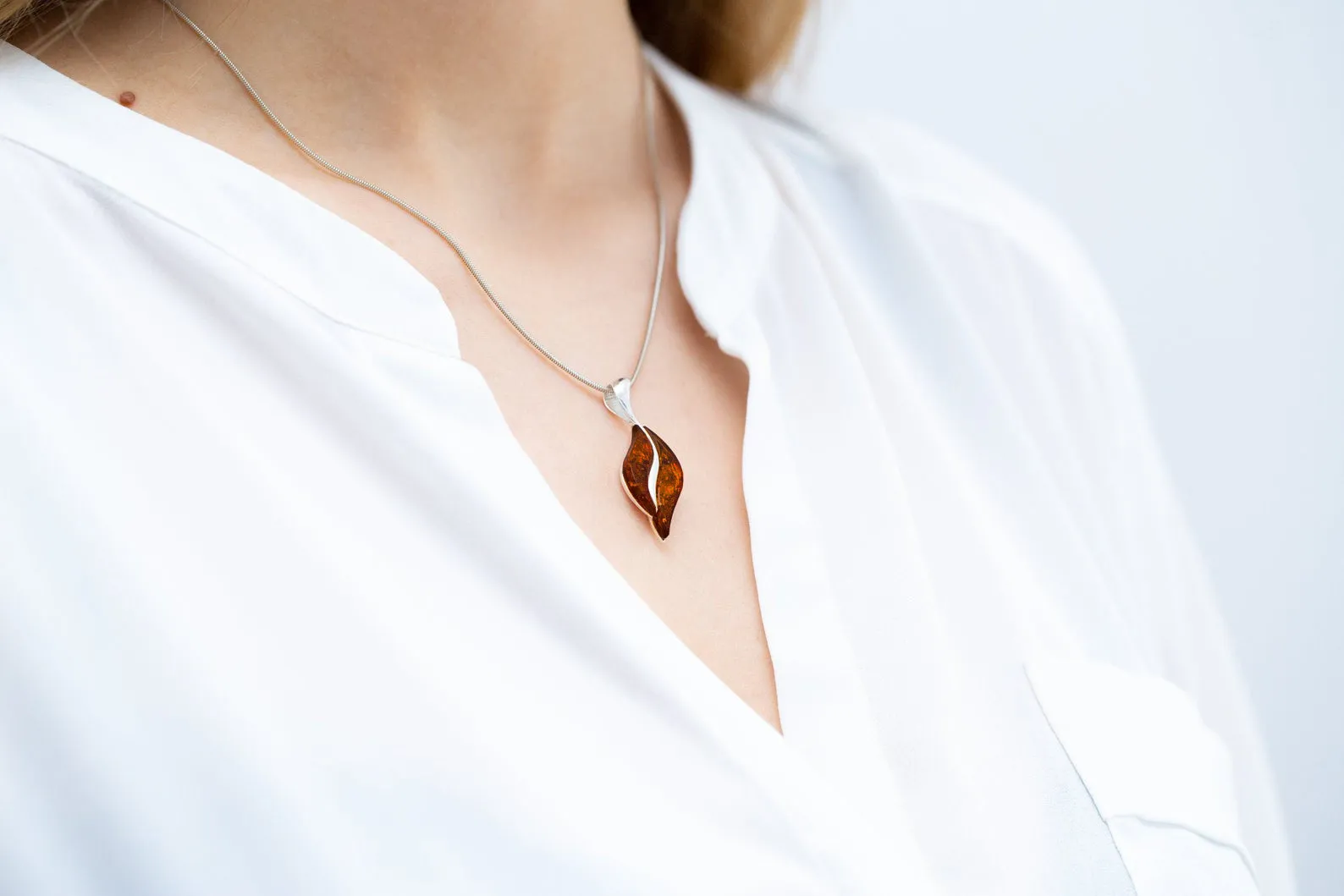 Wavy Amber Pendant - Medium Sterling Silver Jewelry with Cognac Amber - Elegant Everyday Wear