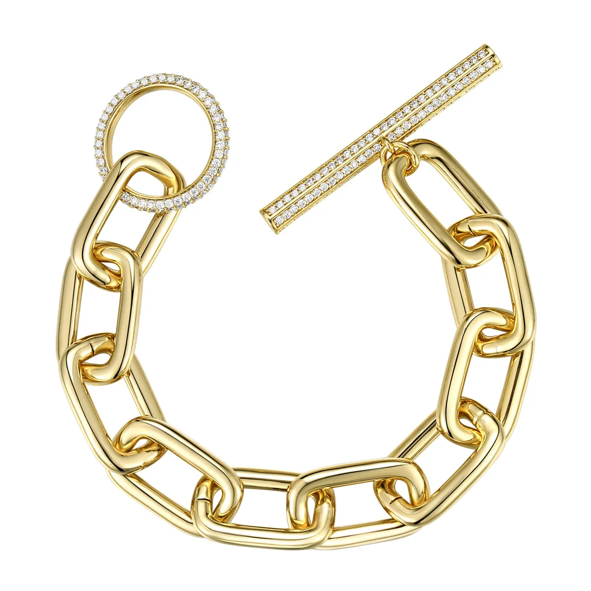 White Gold Plated Sterling Silver with Cubic ZIrconia Oval Cable Link Bracelet w/ Toggle Clasp