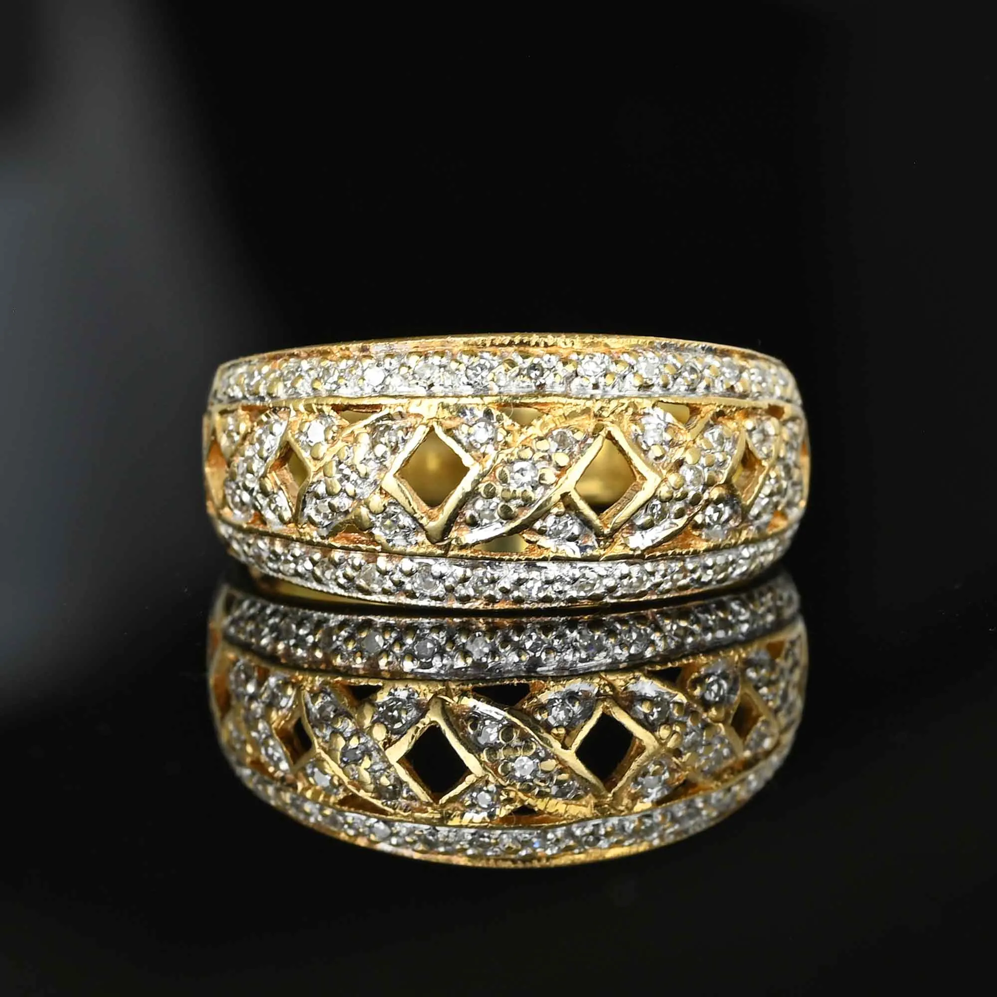 Wide Gold Criss Cross Statement Diamond Ring Band