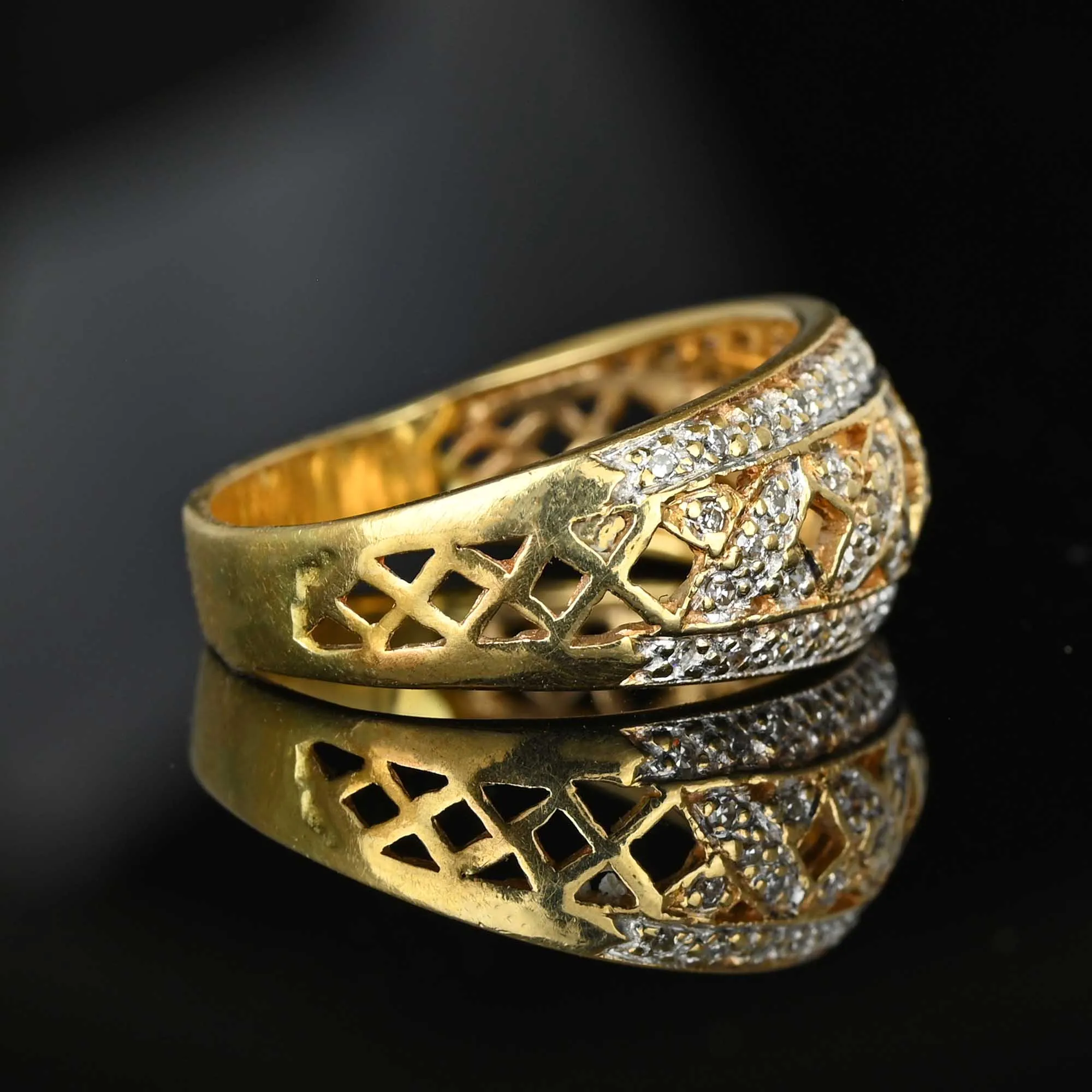 Wide Gold Criss Cross Statement Diamond Ring Band