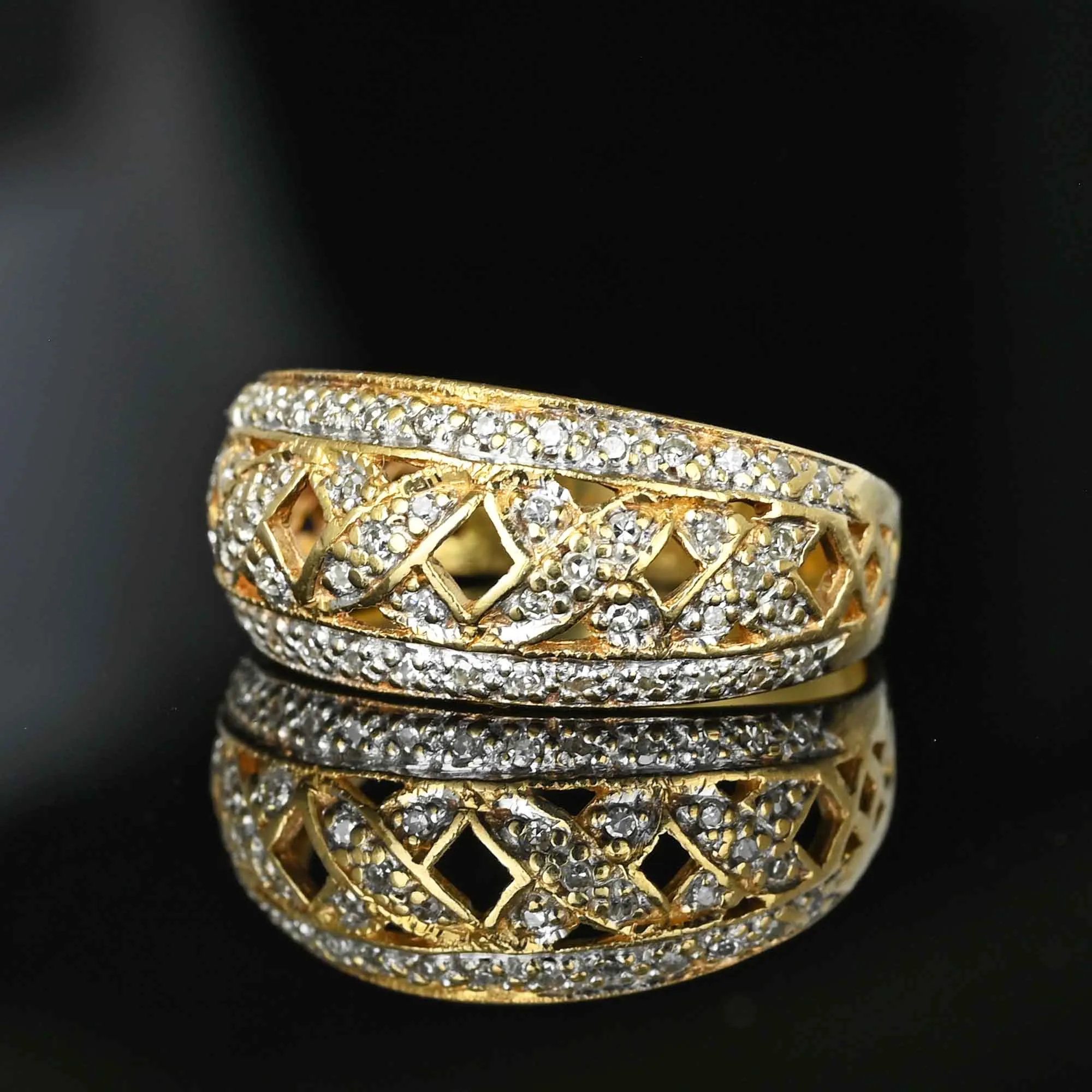 Wide Gold Criss Cross Statement Diamond Ring Band