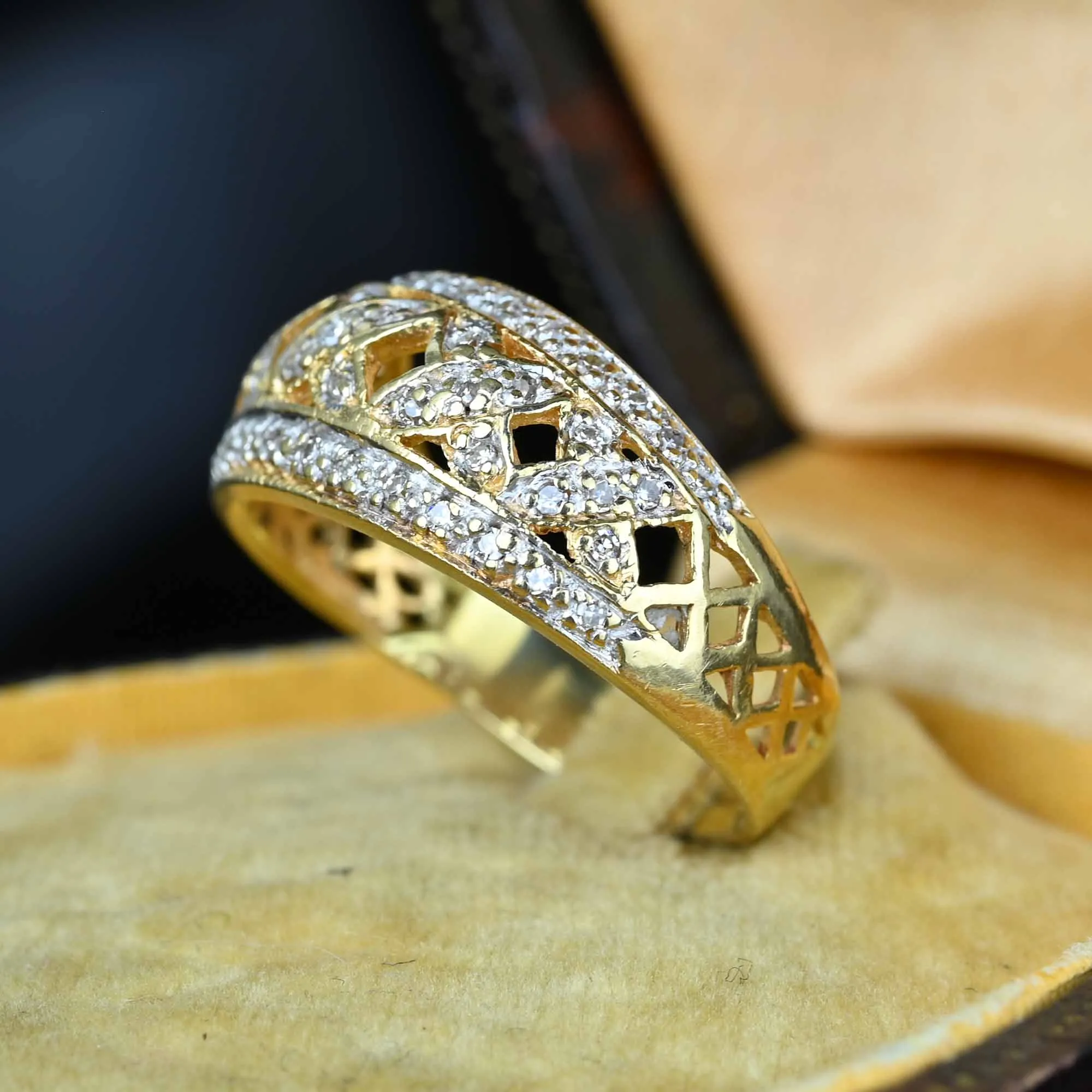 Wide Gold Criss Cross Statement Diamond Ring Band