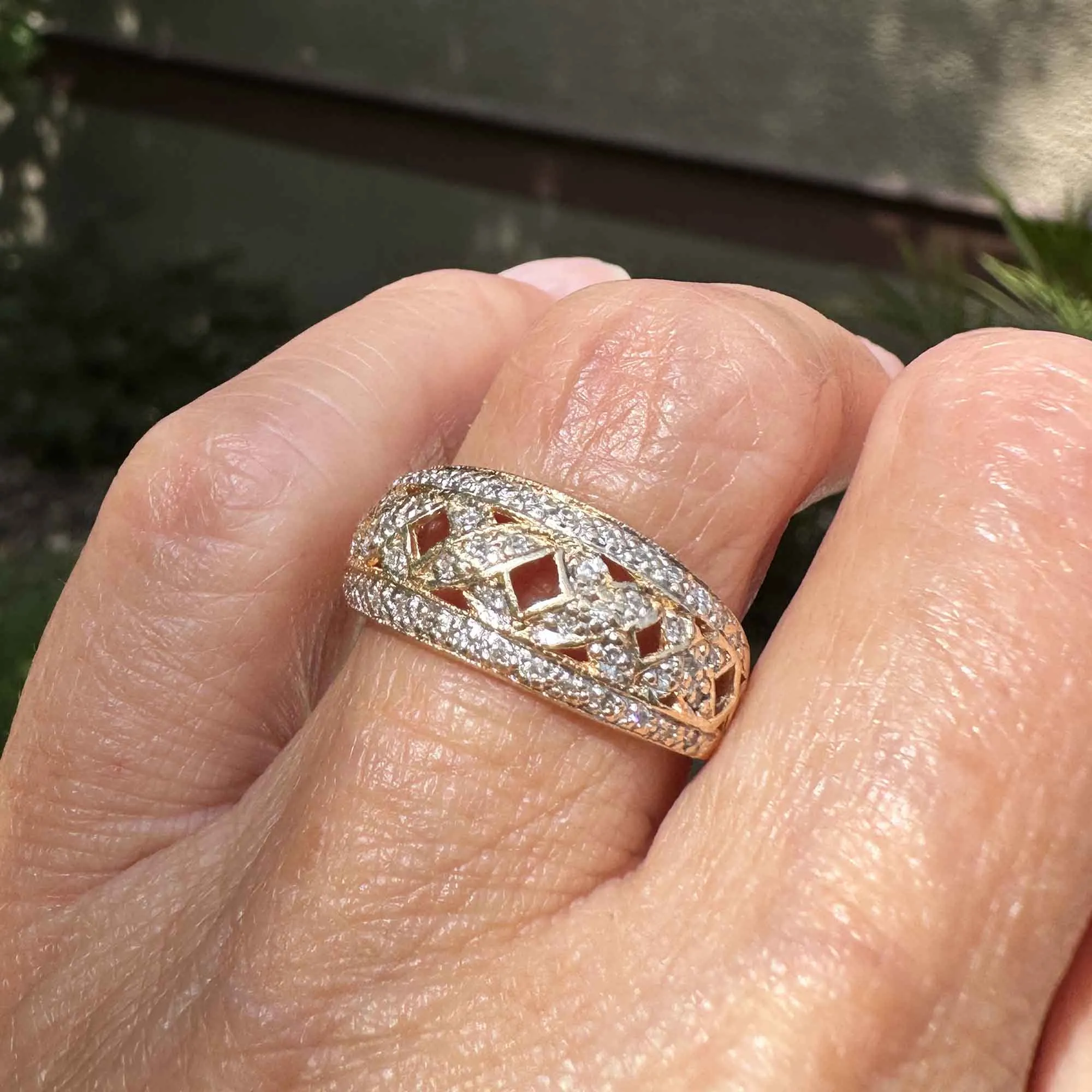 Wide Gold Criss Cross Statement Diamond Ring Band