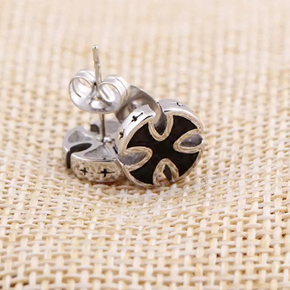 Yellow Chimes Earrings for Men and Boys Fashion Silver Studs for Men | Silver Toned Cross Black Studs | Stainless Steel Stud Earrings | Birthday Gift for Men and Boys Anniversary Gift for Husband