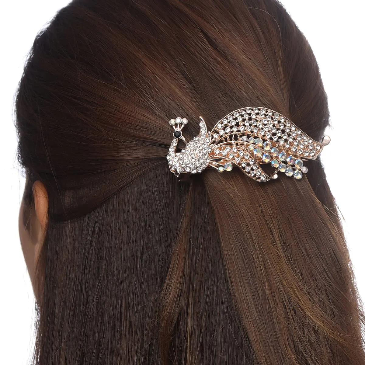 Yellow Chimes Hair Clips for Girls and Women Gold Plated Peacock Designed White Stone Studded French Baratte Hair Clip for Women and Girls