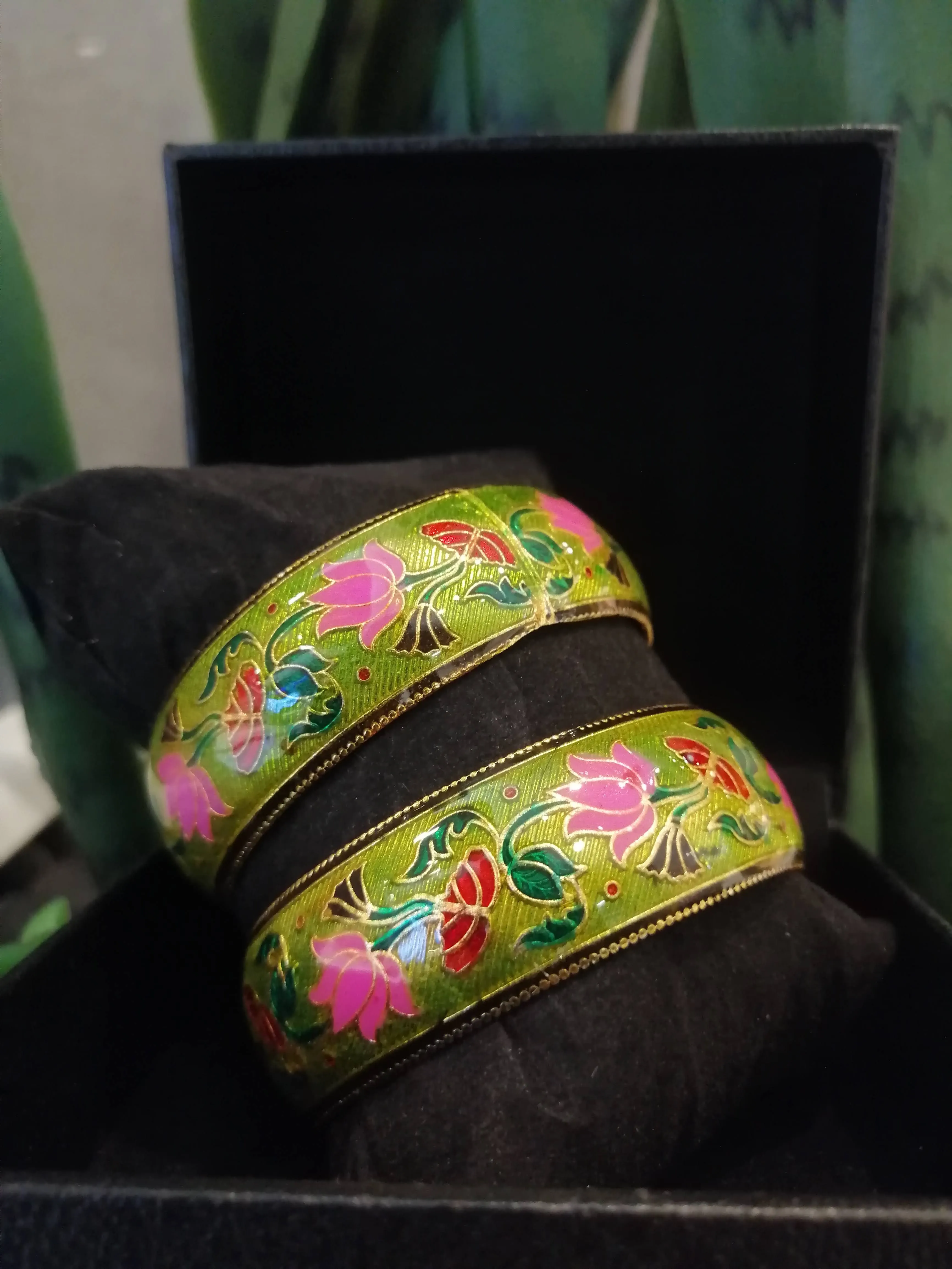 Zen Green and Pink Lotus Enamel Bangle